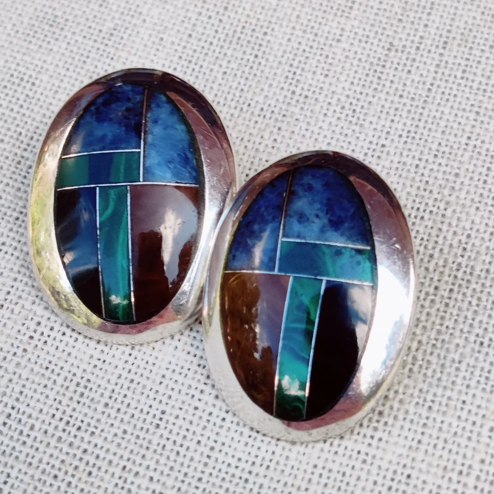Vintage heavy 950 fine silver Mosaic taxco signed stone earrings - Picture 5 of 15